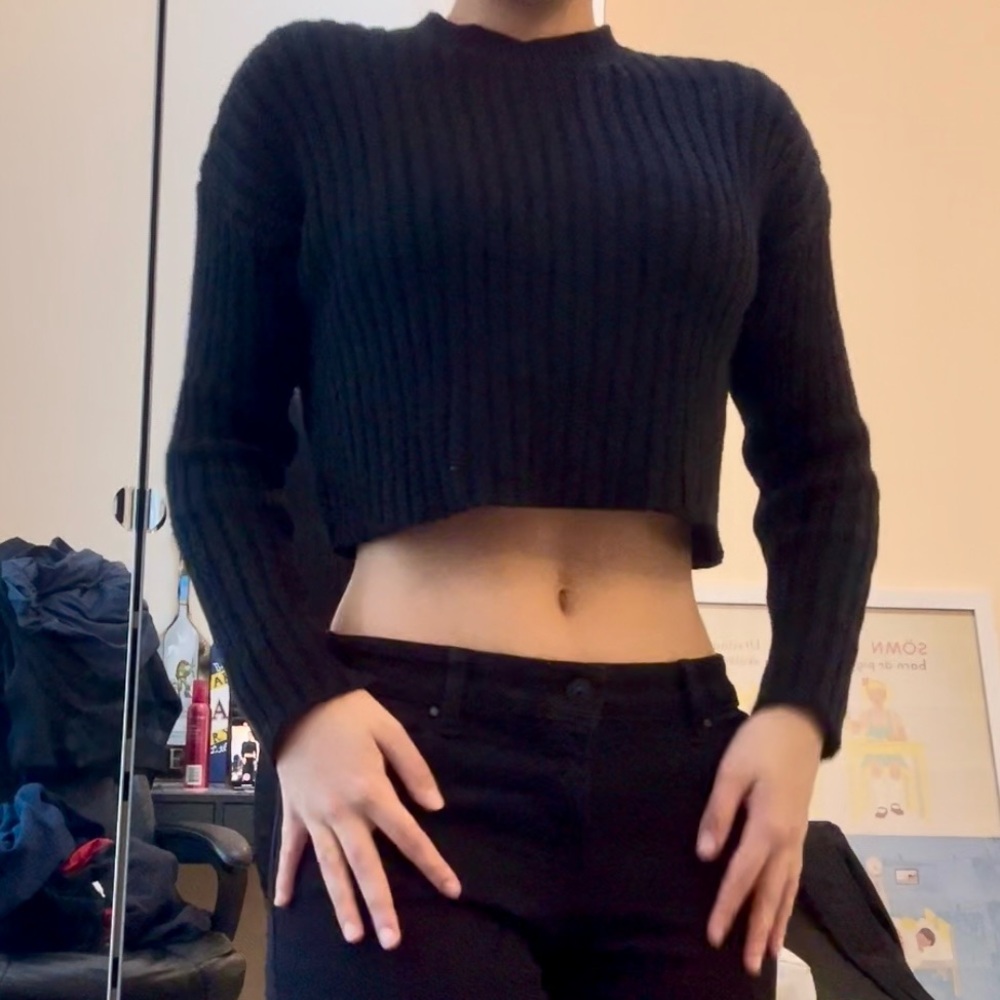 Black Cropped Ribbed Knit Sweater from Forever 21 Size Small